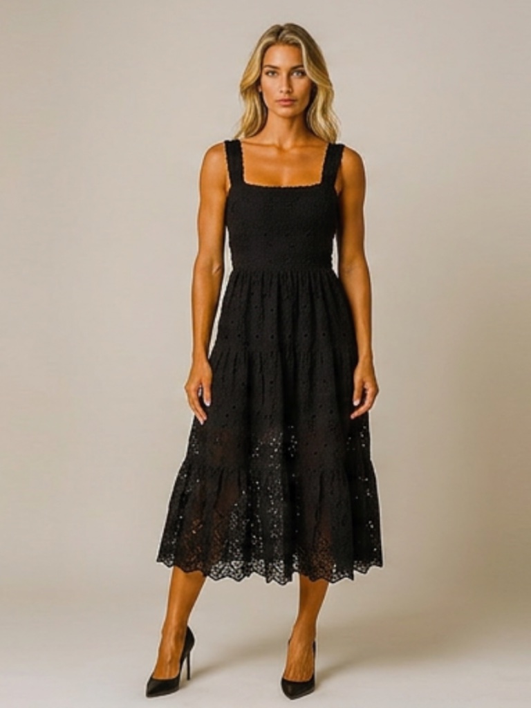 Wilfred Floral Eyelet Embroidery Flare Tiered Maxi Black Tank Dress